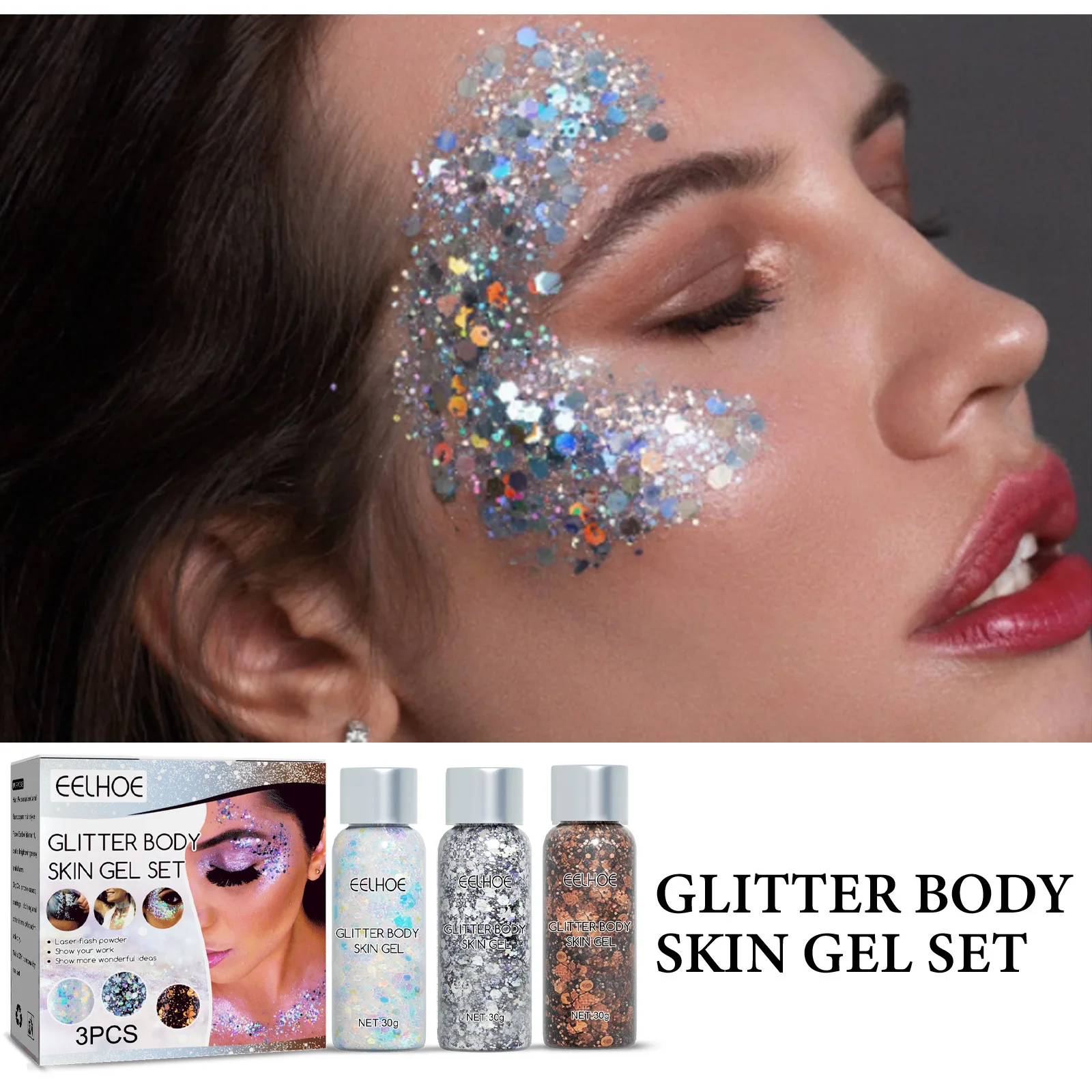 Picture 3: EELHOE Face Glitter Gel Makeup Mermaid Scale Party Stage Eye Nail Hair Body Art Flash Sequins Glitter Decoration Free Shipping