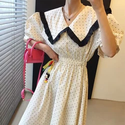 Clothland Women Sweet Polka Dot Midi Dress Ruffle Peter Pan Collar Short Sleeve White Black Retro Mid Calf Dresses Mujer QC129