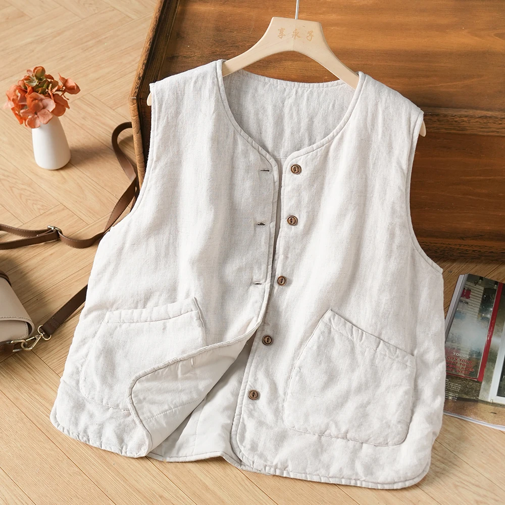 

Женский хлопковый льняной жилет, легкий, теплый, однотонный, простой, модный, универсальный, осенне-зимний, Новое поступление