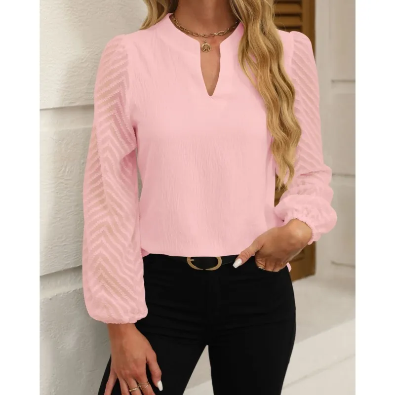 

Casual Woman For Top Spring And Autumn Soft Lace Splicing V-neck Ladies Chiffon Shirt Loose Soft Solid Color Office Lady Blouse