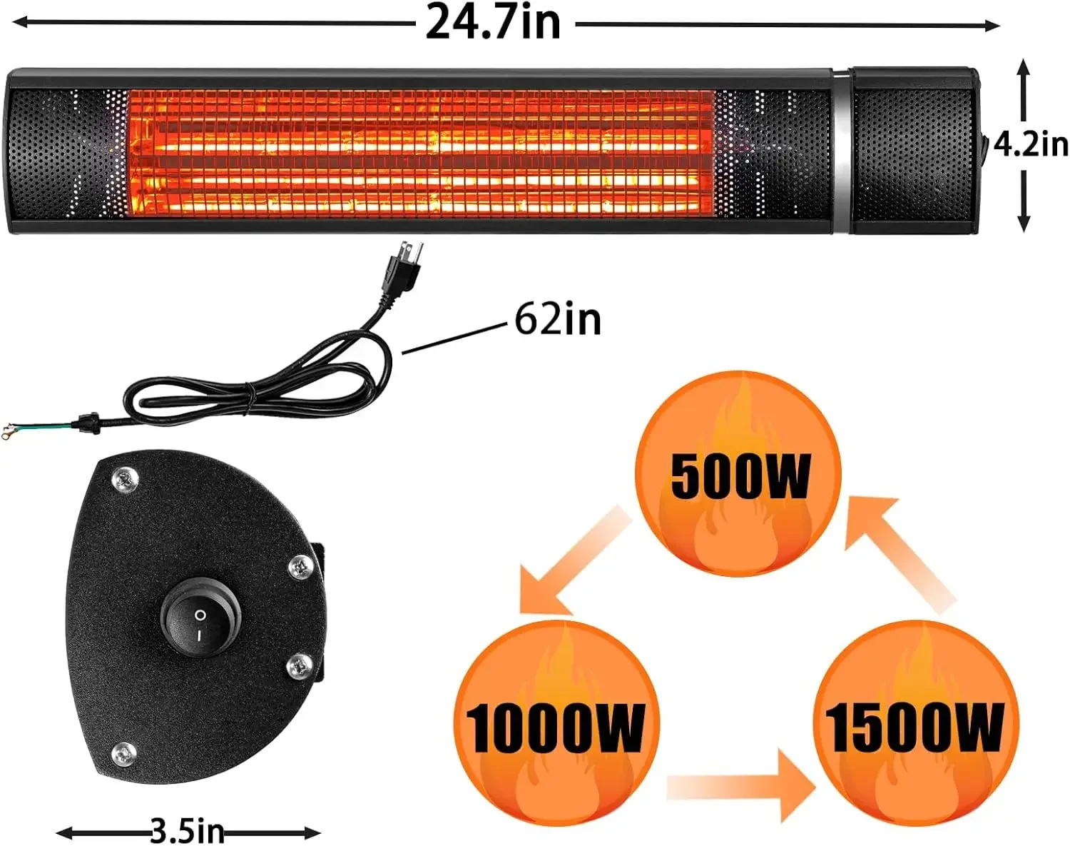 Обогреватель для патио для наружного использования, электрические инфракрасные обогреватели 1500 Вт с 3 уровнями, водонепроницаемый обогреватель для гаража, обогрев 3s