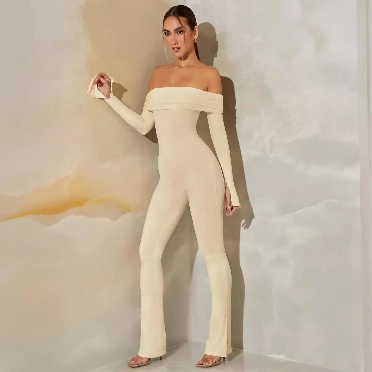 

One oulder Bal Long Swed Slightly Flared High Waist Pants Summer 2023 Ladies High Elastici Comfortable Fit Jumpsuit