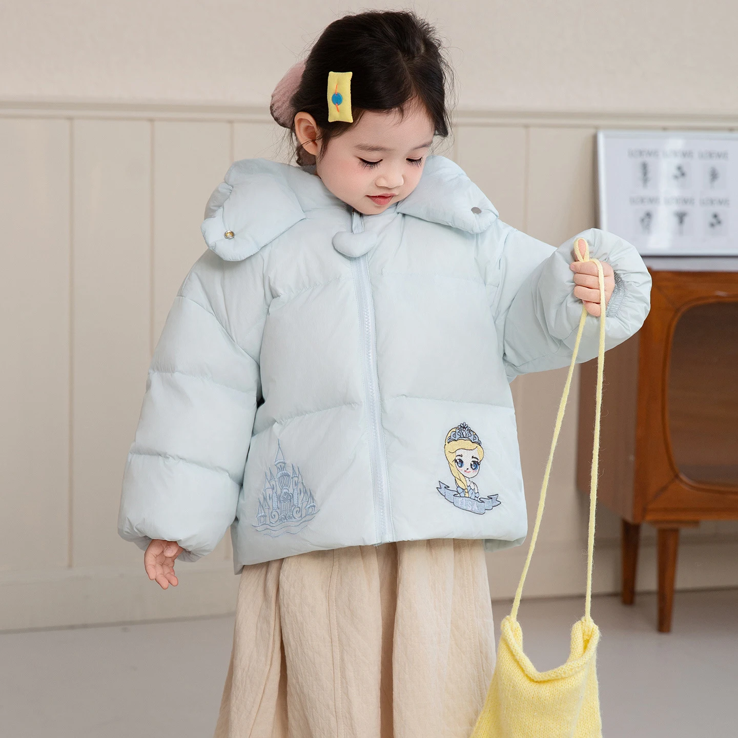 

Disney Elsa Thicken Hooded Jacket For Girls Cartoon Embroidery Down Coat Korean Casual Fashion Children's Puff Jackets