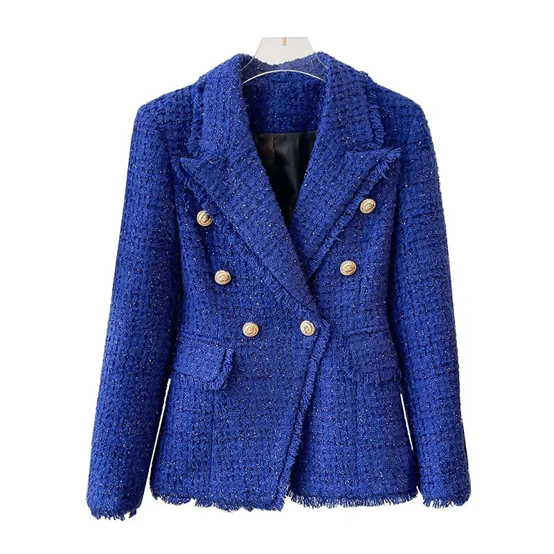 Classic Blue Woolen Cloth New in Outwears Ladies Lion Head Gold Buttons  Blazer Jackets Female Lantern Sleeves Women Clothing