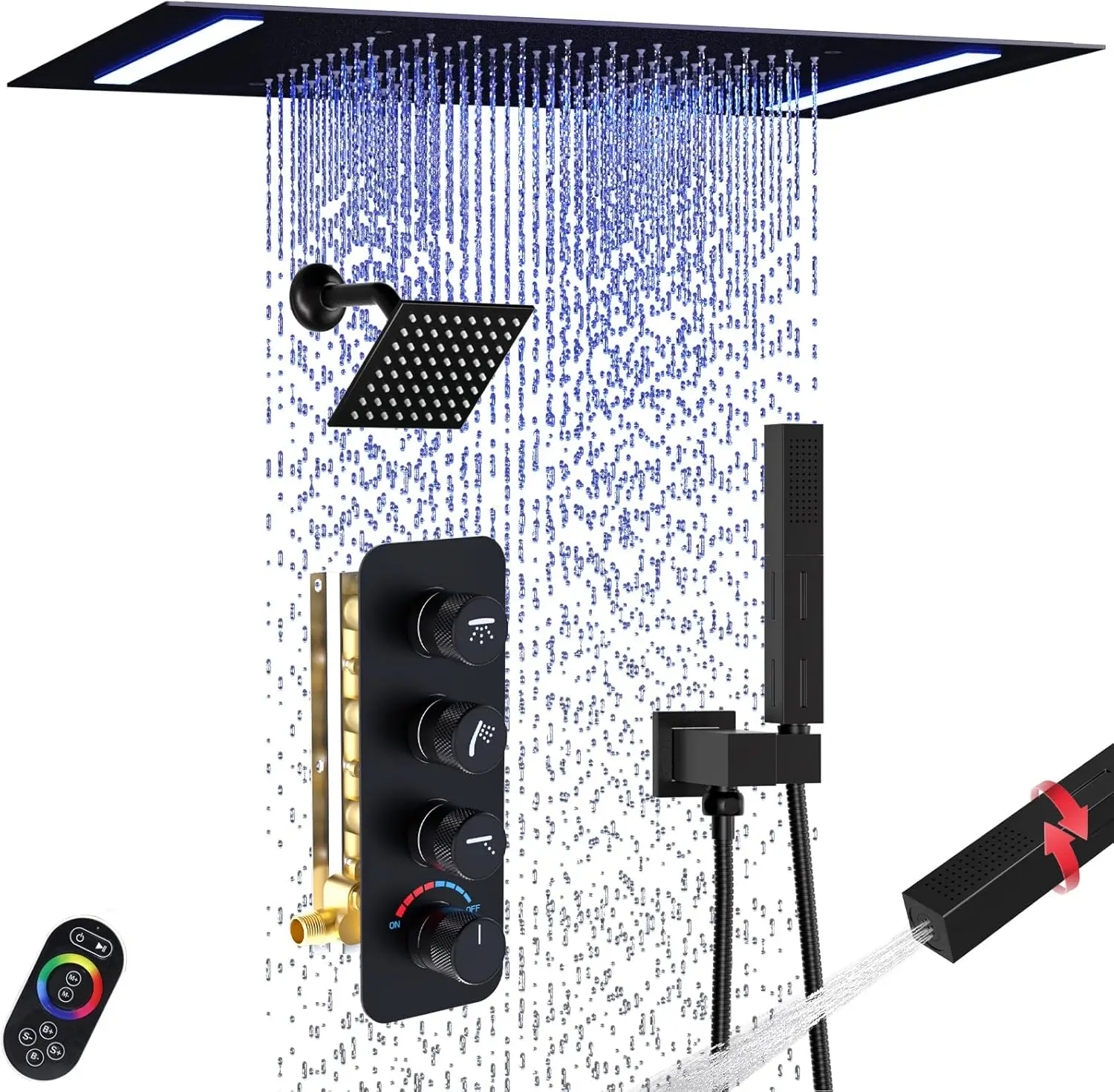 

Matte Black 14x20 Inch LED Rain Shower Head 6 Inch Wall Head Dual Ceiling Mount Shower Faucet Set 2-in-1 Handheld All Functions