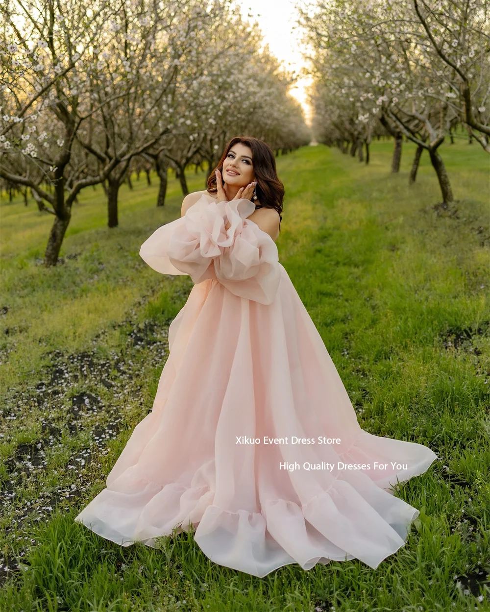 Xikuo-Vestidos De Noche De Organza rosa De hadas, Vestidos De fiesta con escote en forma De corazón y hombros descubiertos, elegantes Vestidos De fiesta personalizados