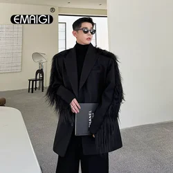 Autumn Winter Blazers Men Net Celebrity Streetwear Fashion Show Stage Clothing Male Dark Long Fur Wool Suit Blazers Jacket Coat