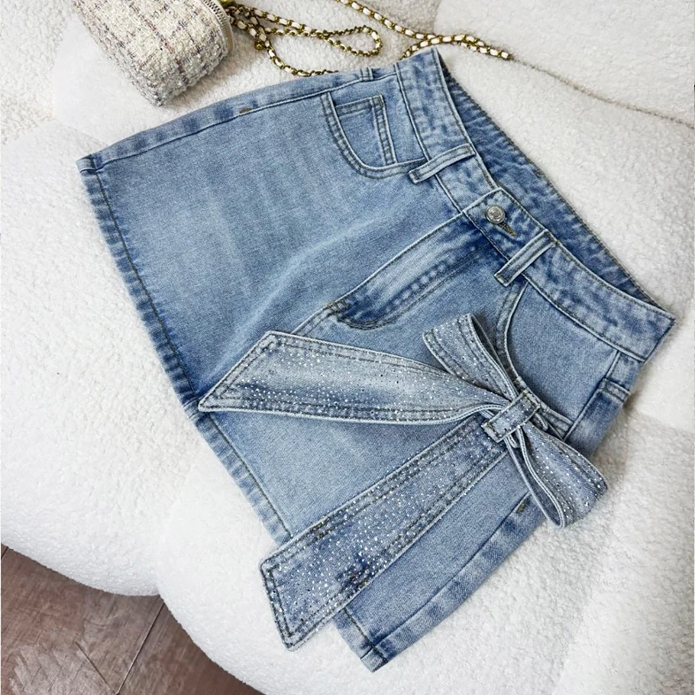 Diamonds Bow Mini Denim Skirts for Women Summer 2026 New High Waist A-Line Slim Short Skirt Y2K Streetwear Blue Jean Skirt