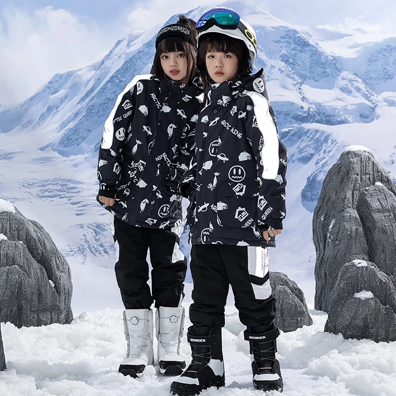 Children Skiing Suit Boy Girl Ski Clothing Pants Set Winter Windproof Warm Outdoor Sports Hiking Snow Clothes Suits Black White