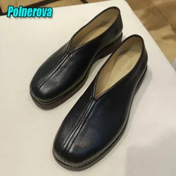 Retro Soft Leather Couple Casual Shoes Summer Shallow Chunky Low Heel Pumps for Women Round Toe Slip-On Loafers Big Size 44