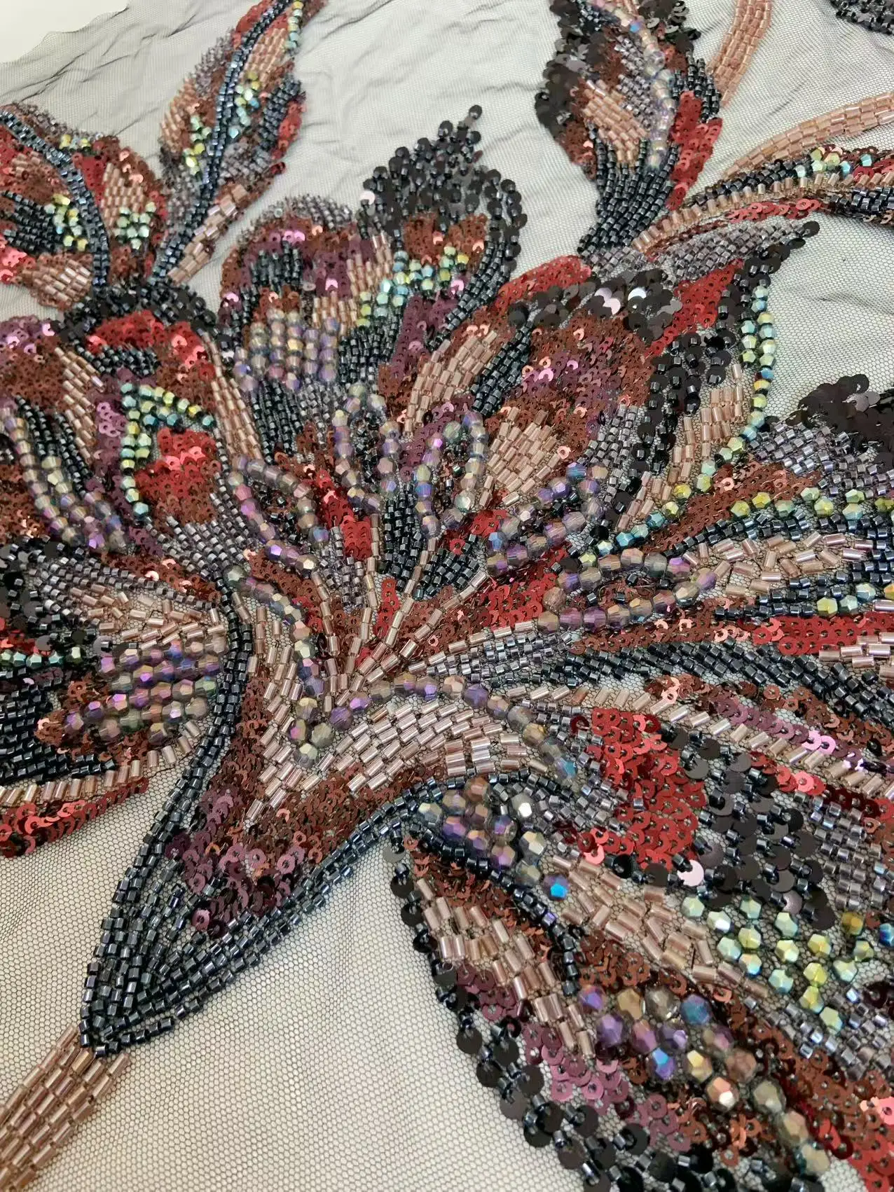 3D Black Lace Fabric with Luxury Red Beads Colorful Flower Heavy Applique for Ball Gown,Wedding Dress,Haute Couture Accessories