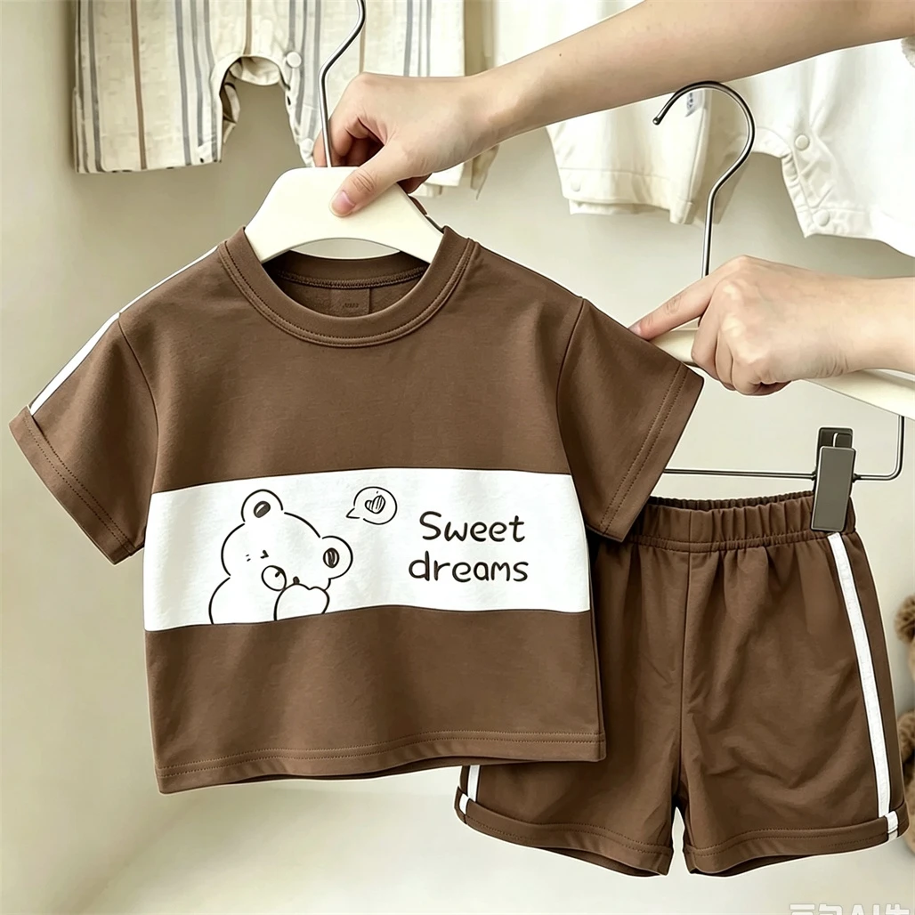 Fashion Casual Clothing Short Two Piece Set Kids Summmer Costume Thin Round Neck Tops +Shorts Boys Girls Trendy Tracksuits
