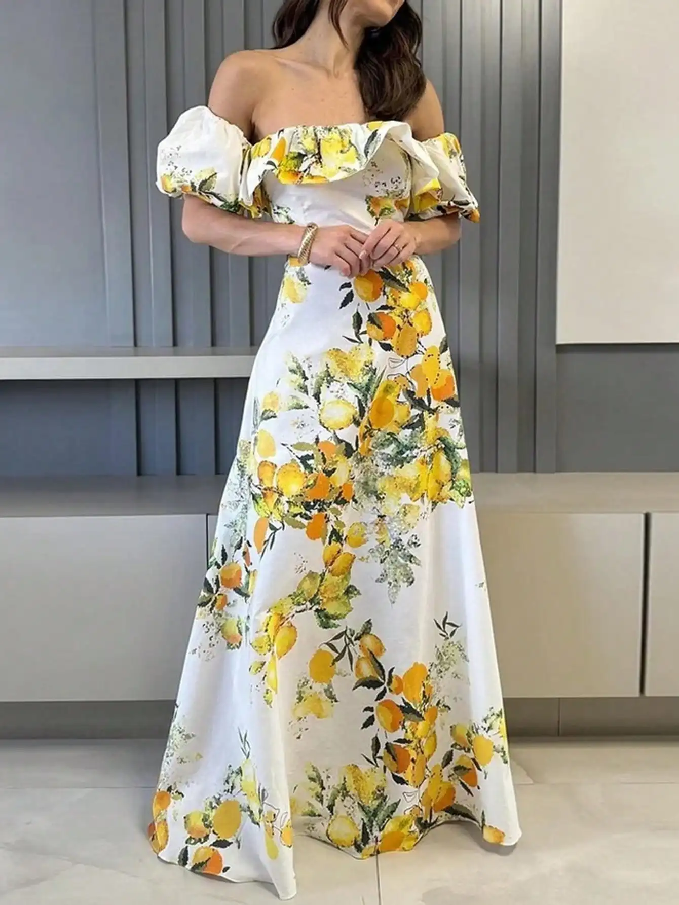 

Женское летнее элегантное платье с фруктовым принтом, эластичное, с пышными рукавами, для вечеринок, приталенное и стильное, идеальный подарок на День святого Валентина