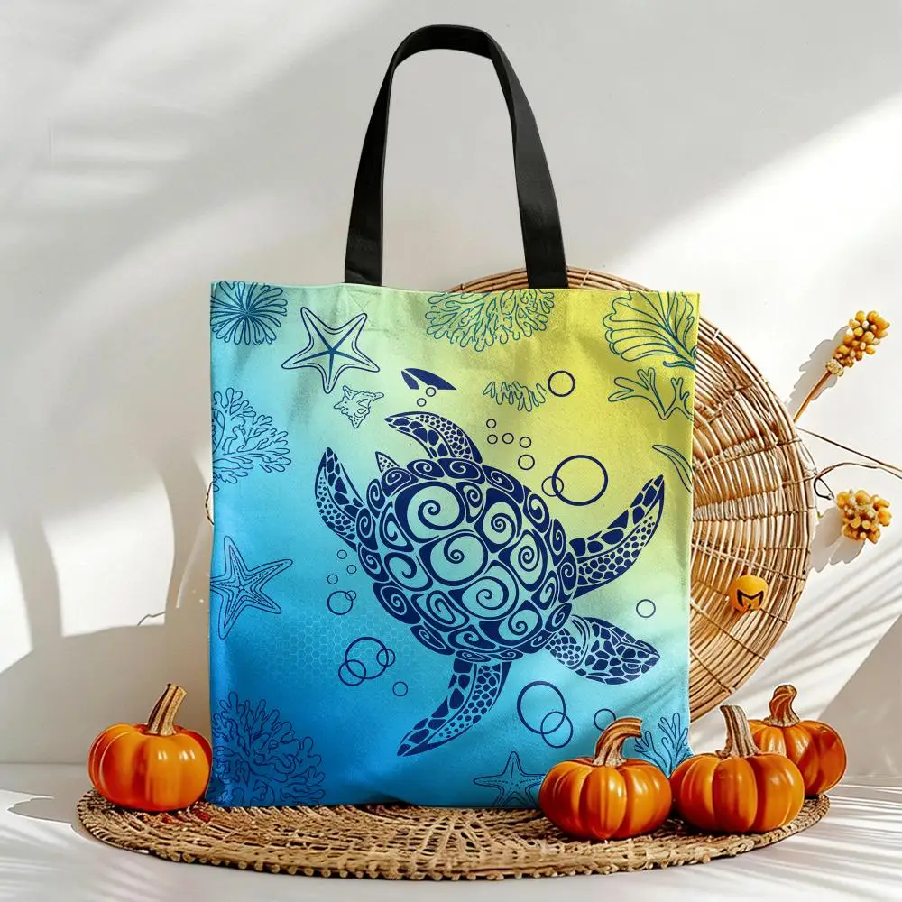 Sea Turtle Storage Bags Versatile Canvas Double-Sided Print Tote Bag Durable Daily Use Shopping Handbags