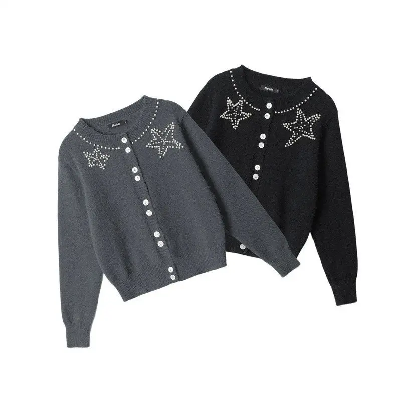 

HeyHenry 2025 Autumn Winter Pearl Embellied ort Knit Cardigan Women's Innerwear Outerwear Sweater Medium Thin Long S...