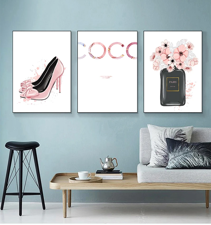 (2D Canvas Painting)  Nordic Perfume Bottle High Heels Wall Art Canvas Painting Modern Wall Pictures For Living Room Home Dec