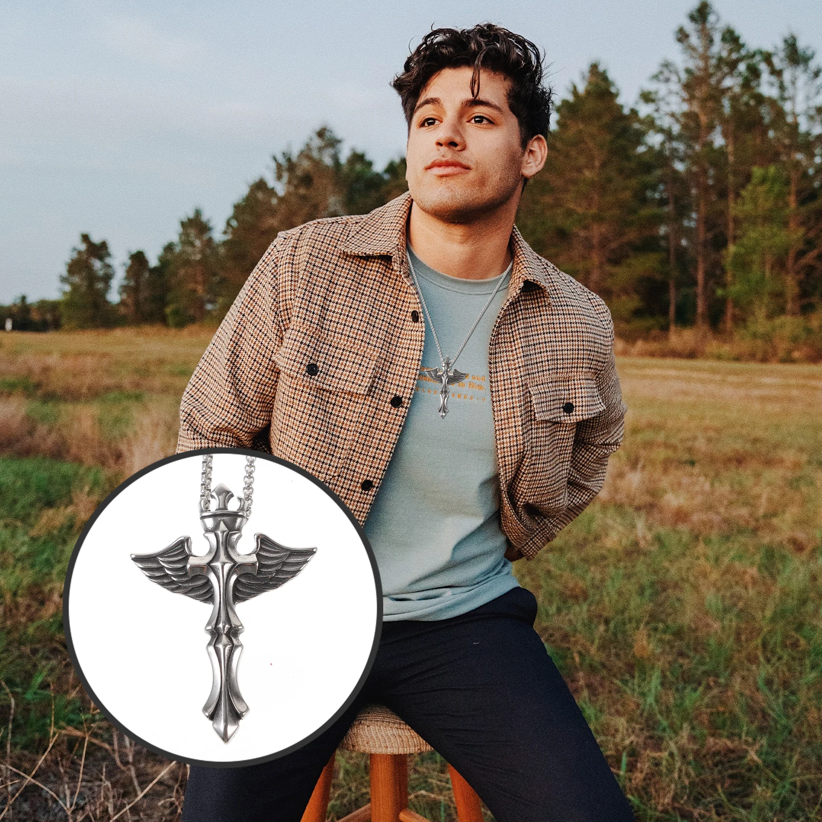 

1Pc Retro Titanium Steel Necklace Pendant Vintage Angle Wings Cross Pendant Fashion Necklace Pendant (Pendant with Chain)