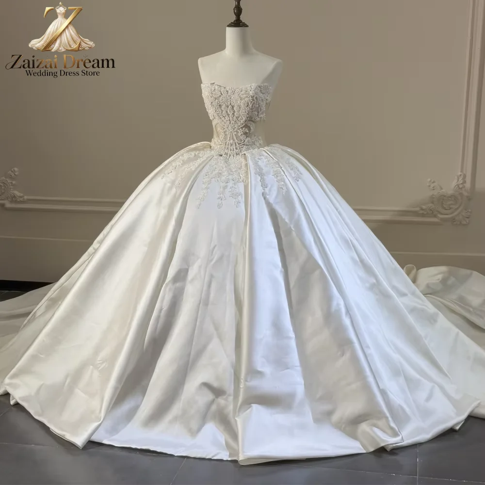 Customized Luxury Satin Lace Bodice Princess Bridal Gown Sweetheart Neckline Puffy Skirt  Wedding Dress Vestido De Novia