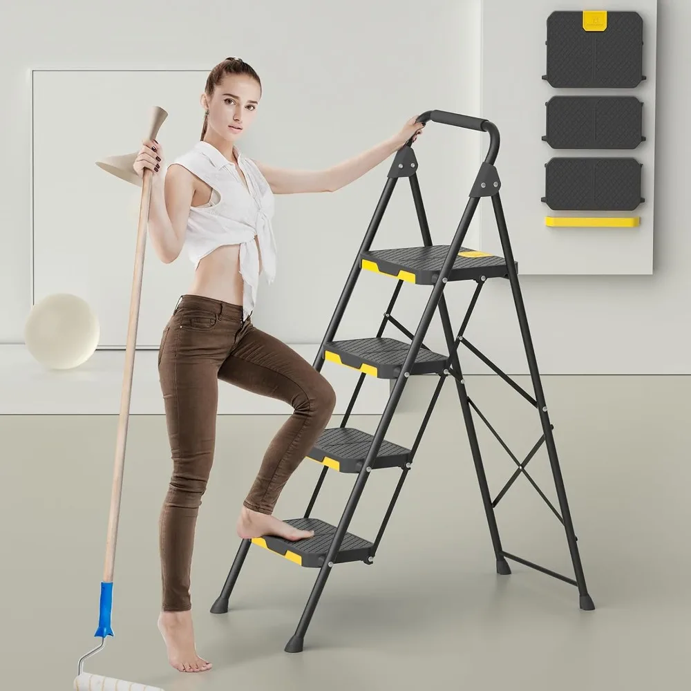 4 Step Ladder, Sturdy Steel Step Stool with Safe-Lock Design, Handrail, Anti-Slip Wide Pedals, Pass 800lbs Load Testing