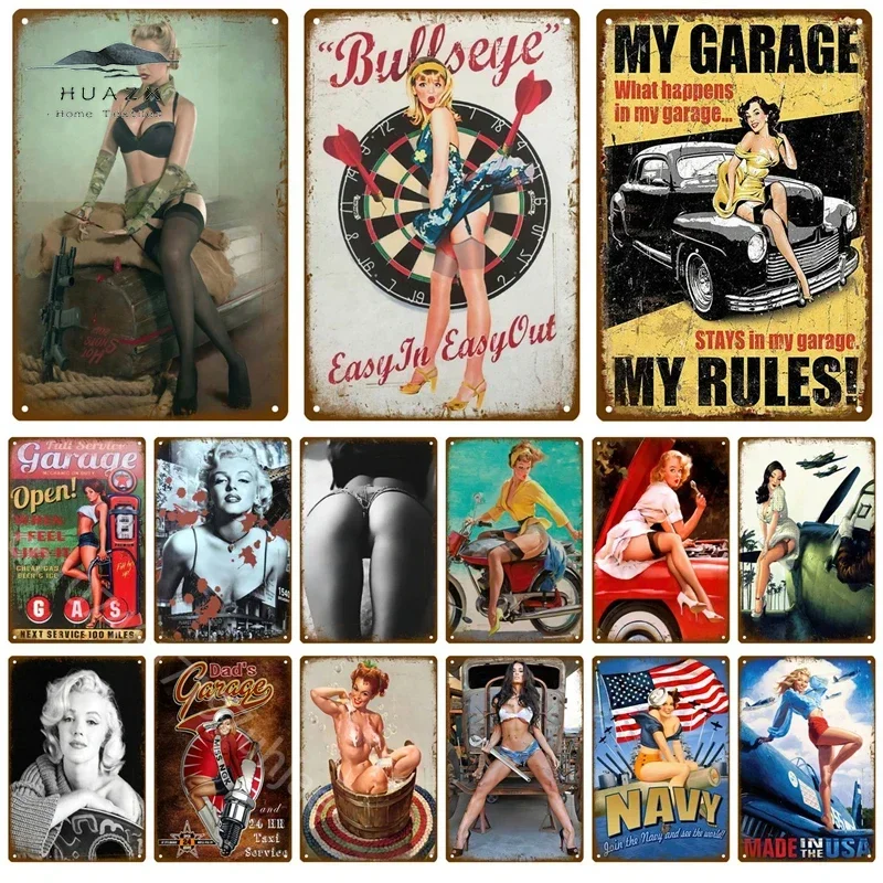 Cartel de chapa de Metal Vintage PinUp Girls, cartel de señora Sexy para coche, avión, Bar, Pub, decoración de pared del hogar, arte Retro divertido, pintura artesanal