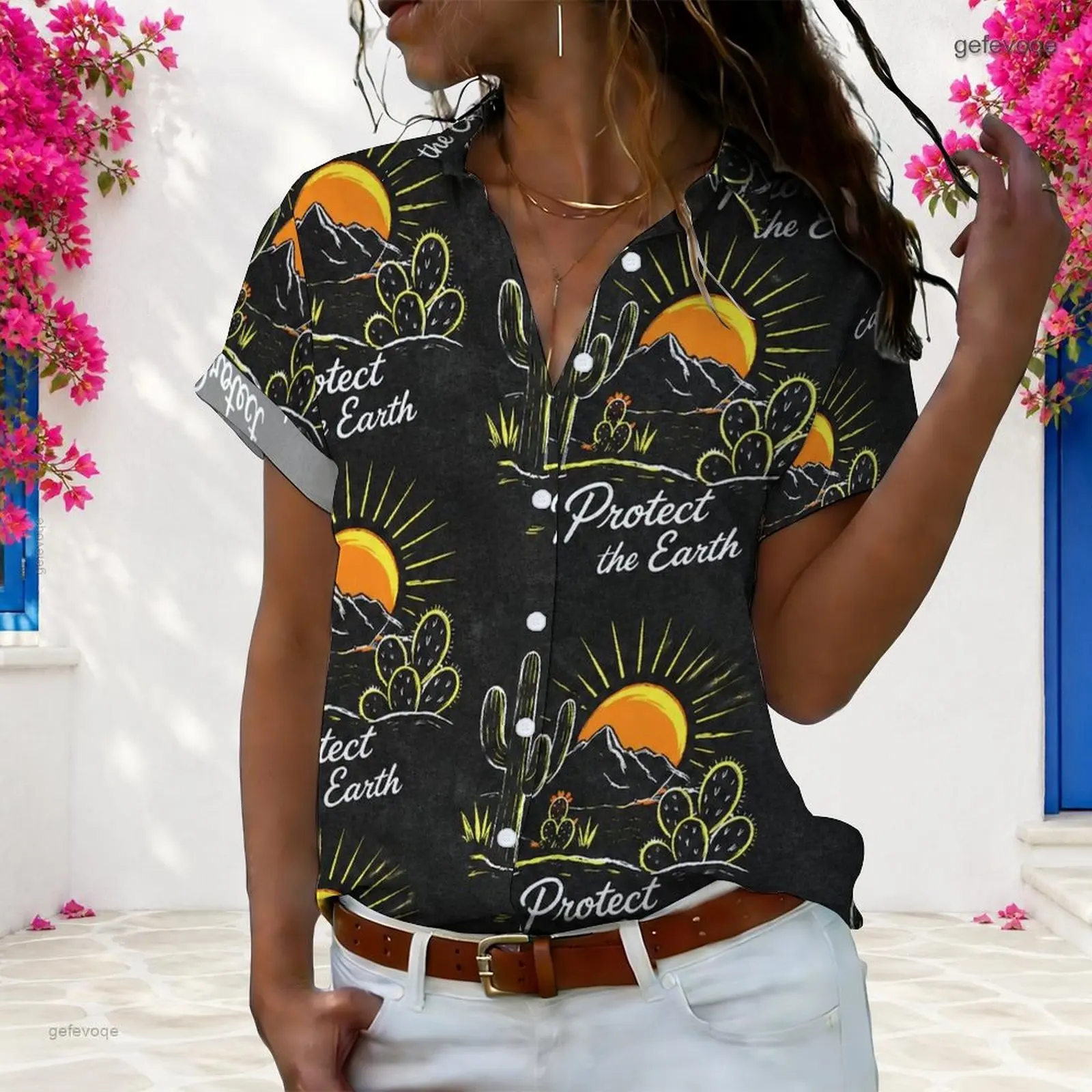 Women Short Sleeve Collared Button Front Shirt, Black Printed Desert Cactus Sun Mountain Protect the Earth Pattern
