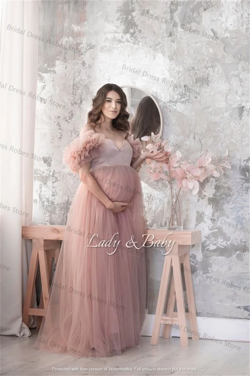 Pink Women Maternity Dresses for Photo Shoot Sexy Off Shoulder Short Sleeves Robe Tiered Tulle Prom Wedding Pregnant Custom Made