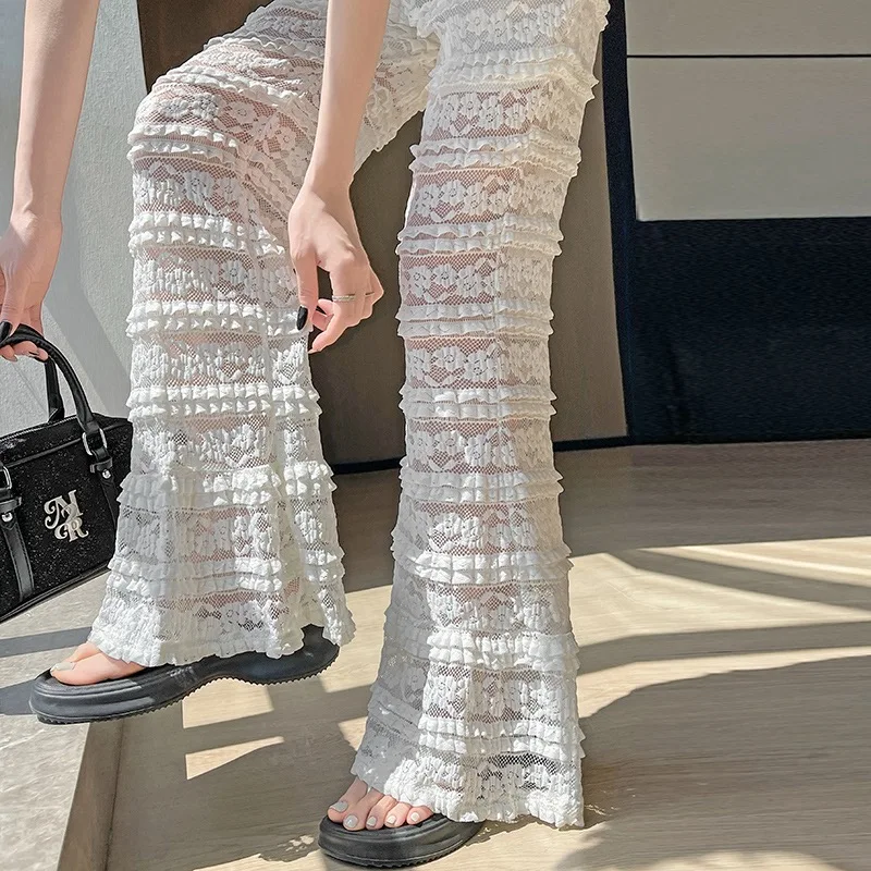 ผู้หญิงเกาหลีแฟชั่นสไตล์ดอกไม้สีขาวลูกไม้ Boot Cut กางเกงดูผ่านมุมมอง Gyaru ร้อน Flared กางเกงเสื้อผ้าฤดูร้อน