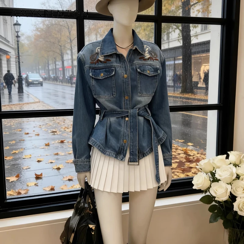 

Korean Heavy Industry Embroidered Denim Women's Jacket 2026 Spring New Sweet Cool Temperament Versatile Belt Jackets Ladies