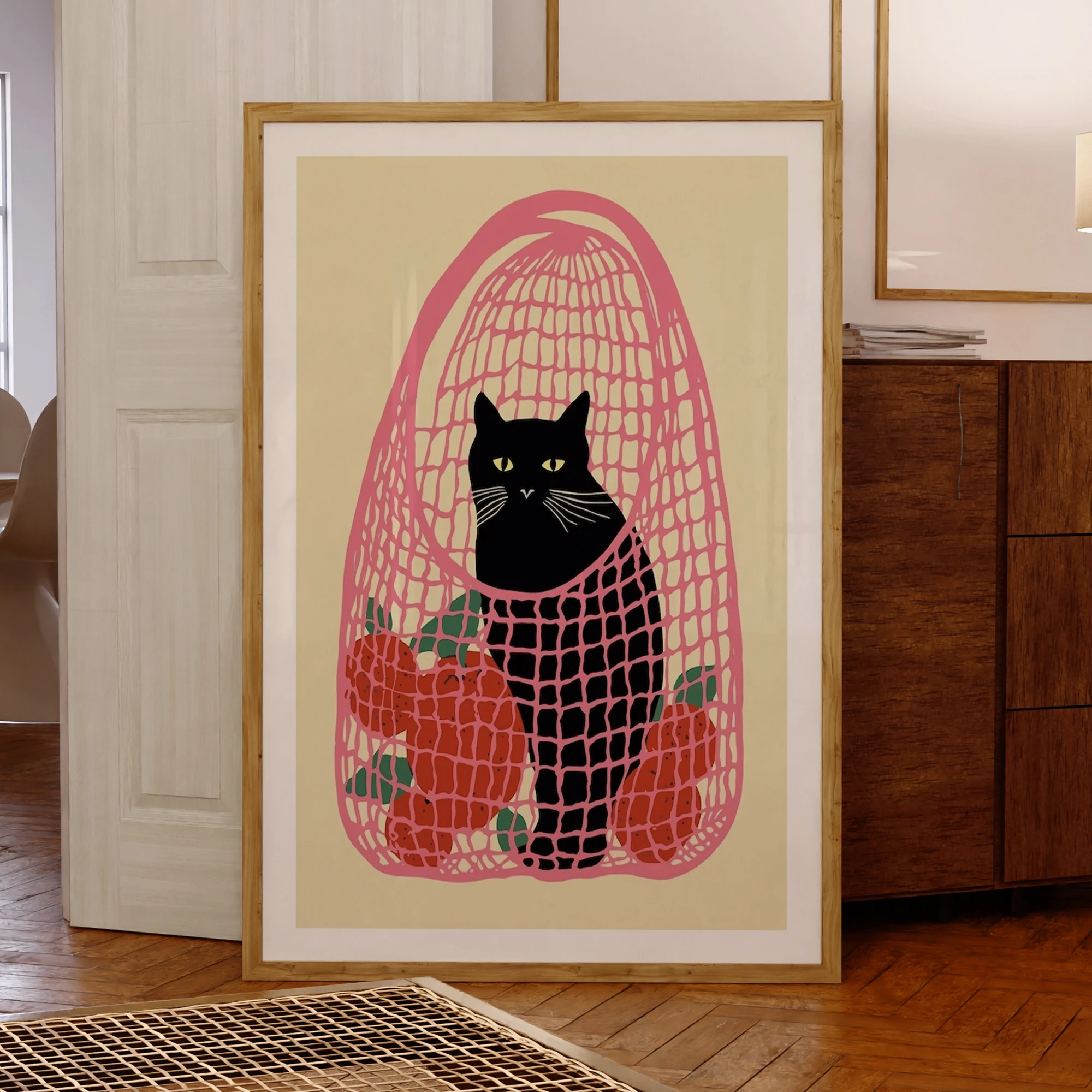 Schwarze Katze in einer rosa Tasche mit Orangen, Wandkunstdrucke, Leinwandgemälde, Poster, Bild für Wohnzimmer, Heimdekoration