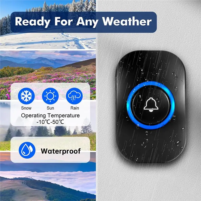 【أدوات منزلية】جرس باب وامض LED، مقاوم للماء IP55، 60 نغمة، 5 مستويات حجم للاستخدام المنزلي، قابس الاتحاد الأوروبي