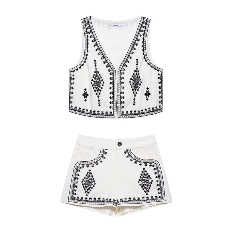 

RAFZNB Embroidery Casual Shorts Sets for Women Fashion Embroidery V-Neck Sleeveless Short Vests Tops Two Piece Set Women Outfits