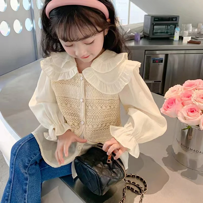 Children\'s Clothing Suit Spring Autumn New Girls Set Cute Ladies Fake Two-Piece Vest Shirt+ Jeans Girls Fashion Kids Outfit 2pcs