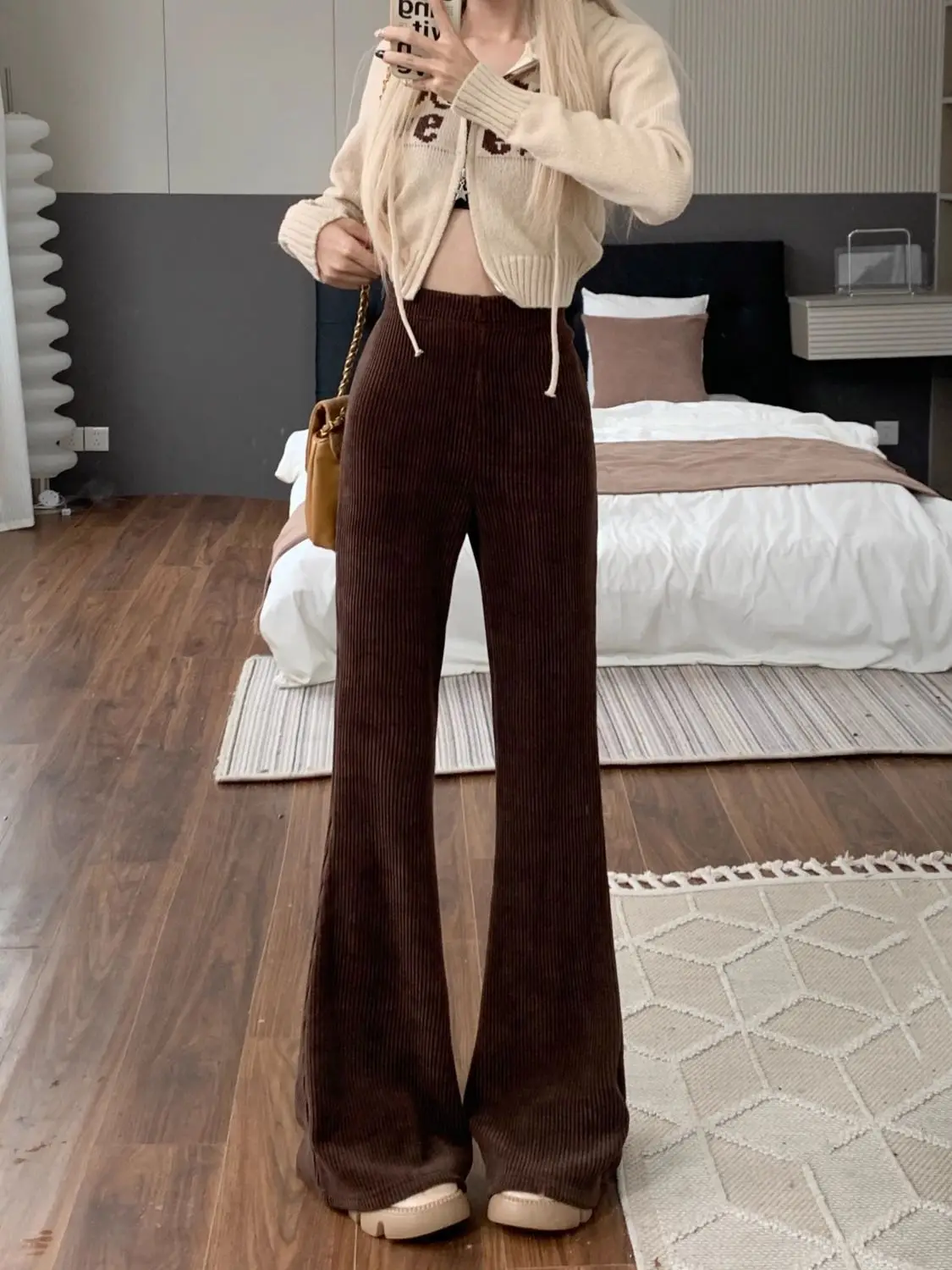 Corduroy Wide Leg Pants High Waist Slimming Casual Trousers Hong Kong Style Women's Autumn Winter Fashion Suits Micro Flared ...