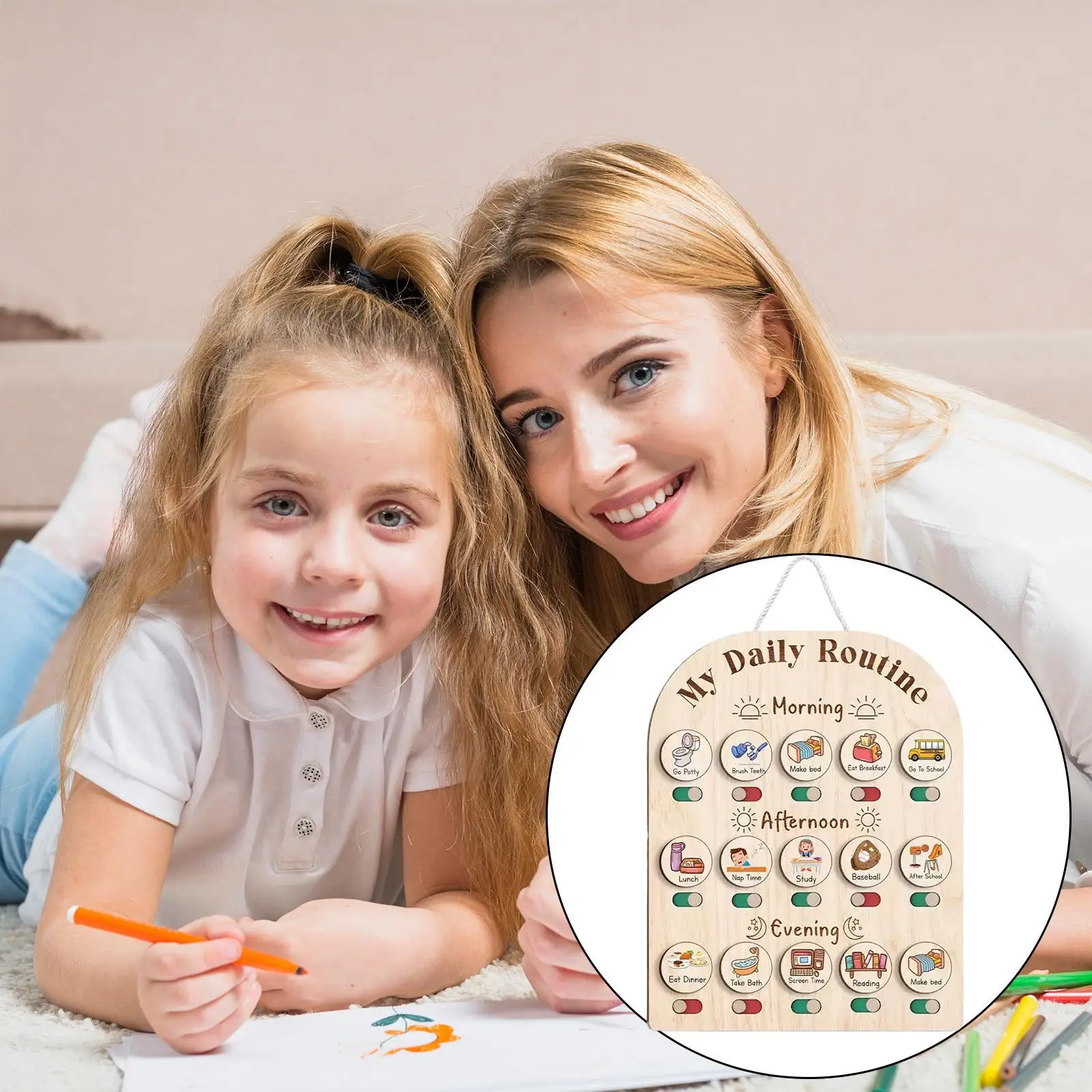 مخطط روتيني للأطفال الصغار، مخطط روتيني يومي وقت النوم الصباحي للأطفال، لوحات مخططة خشبية، مستلزمات مدرسية وقت النوم الصباحي