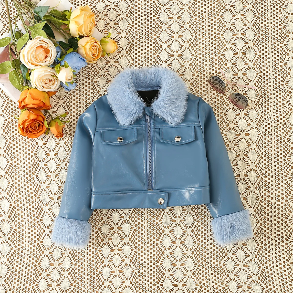 Autumn And Winter Furry Lapel Cuff Short Jacket Children Cool PU Leather Coat OOTD For Girls