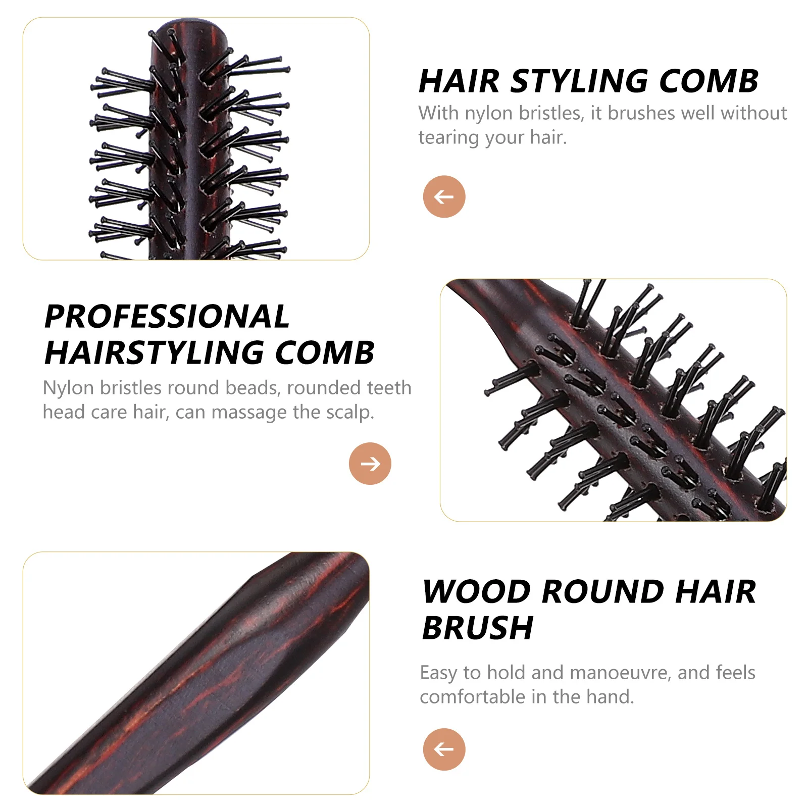 3 قطعة مشط شعر مستدير من الخشب مع شعيرات نايلون أسنان مستديرة لفك تشابك الشعر اللطيف والعناية بالشعر أداة تصفيف الشعر الاحترافية #3