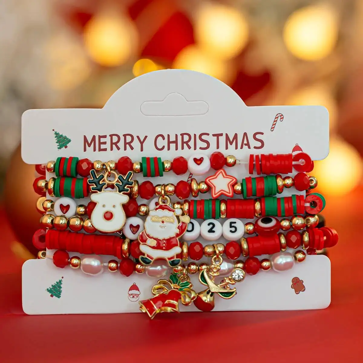 PuRui 6 pezzi/set carino romantico serie natalizia Babbo Natale fiocco di neve albero braccialetto pendente per le donne regalo di gioielli per feste di Capodanno