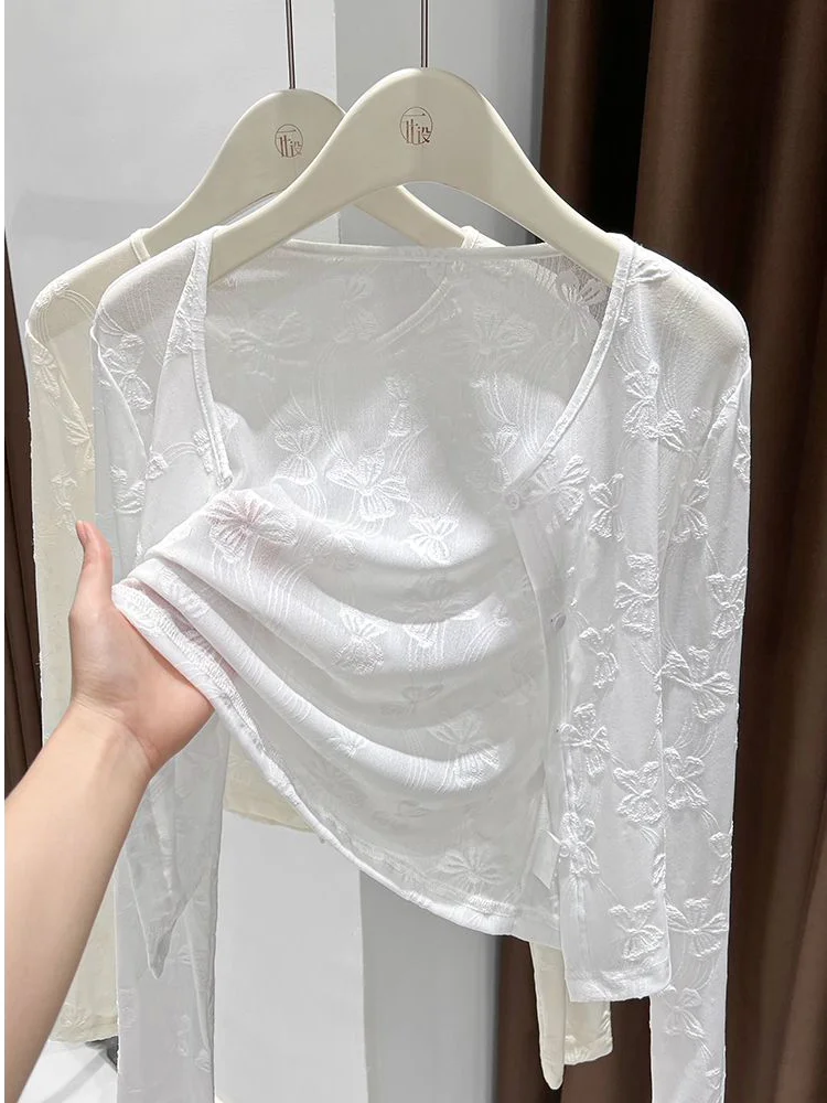 New Chinese Style Floral Lace Skirt Shoulder Wrap Long Sleeve  Knot Top Sun Protection Thin Cardigan Light Yellow