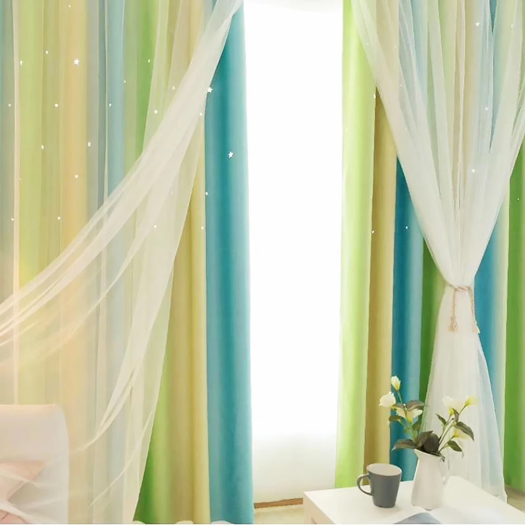 Hollow Star Design Double Layer Window Curtain Gauze Light Transmitting Curtain Light Blocking Drape 1x2.5m Hook Type