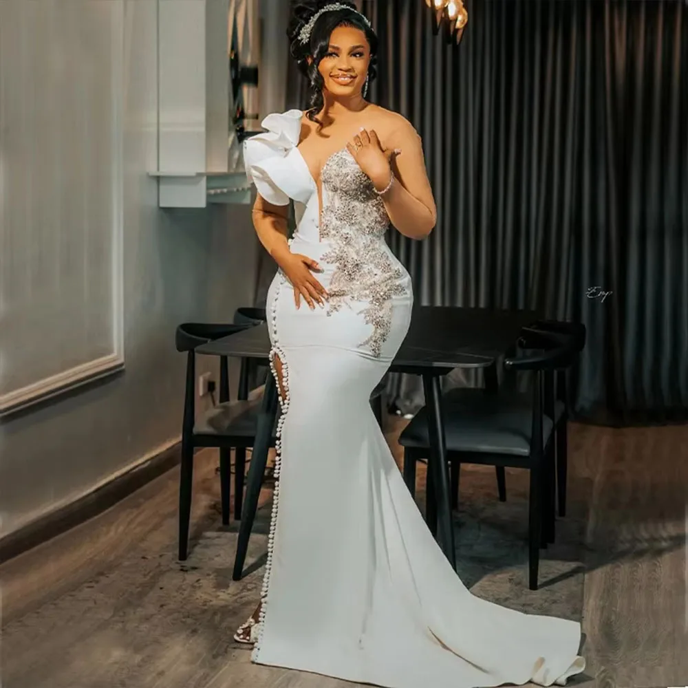 Mermaid Weddings Dresses for Bride Sheer Neck Long Sleeve Side Split Ruffles Aso Ebi Nigeria Bridal Reception Gowns Customized
