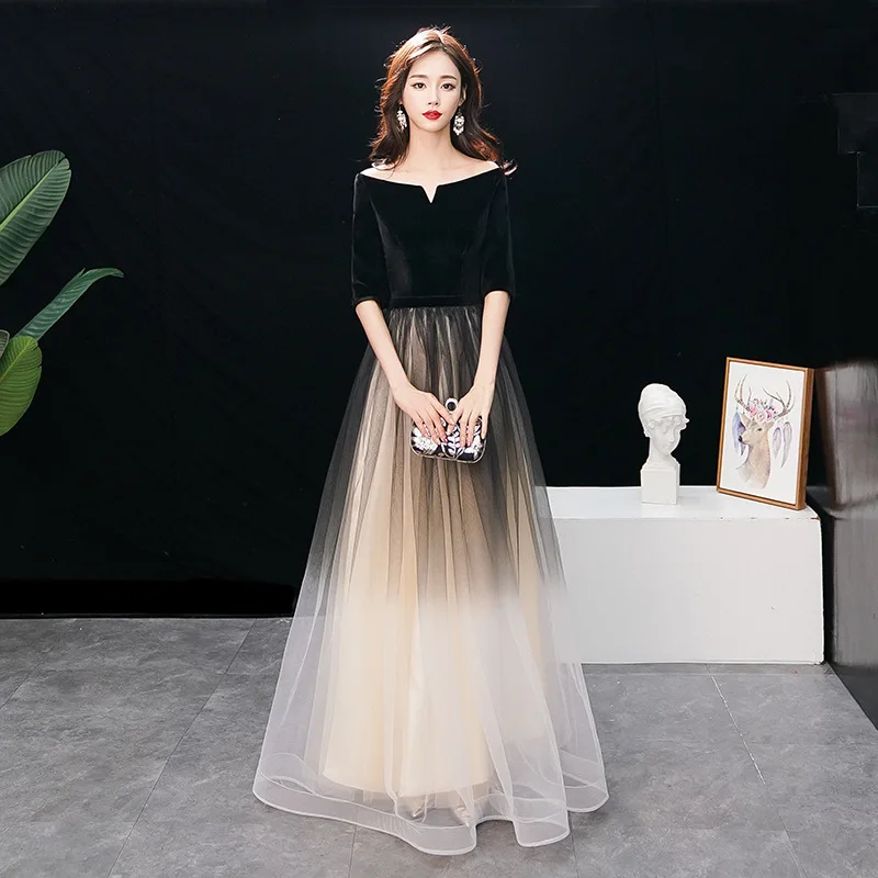 

Elegant Black Velvet Ombre Tulle Bridesmaid Dress Off The Shoulder 3/4 Sleeve A-Line Long Wedding Party Gown