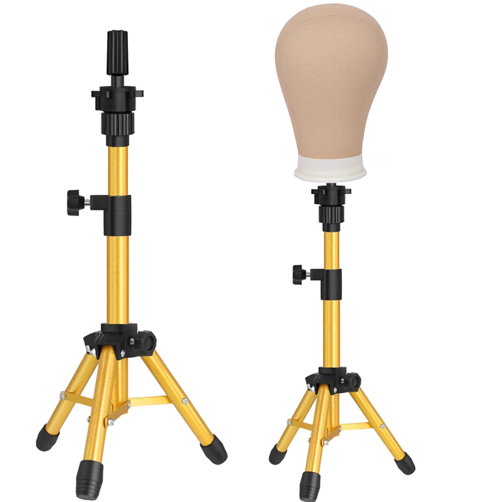 Alileader Golden 64Cm Wig Stand Wig Tripod With Mannequin Canvas Block Head Adjustable Tripod Stand Wig Making kit TPins Gift