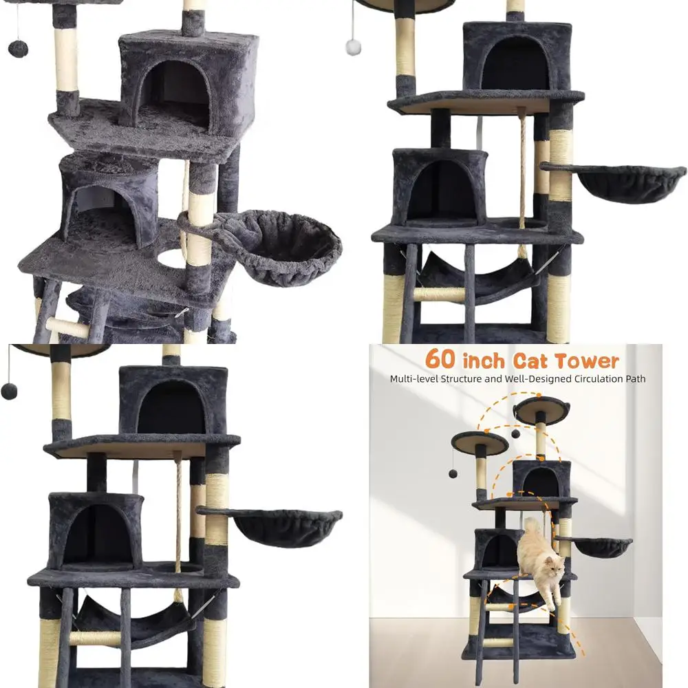 

Многоуровневая кошачья лежанка-башня для дома — 60,63 дюйма, с царапателями, плюшевыми перистойлами, игровым центром, уютной корзиной и гамаком (темно-серый)