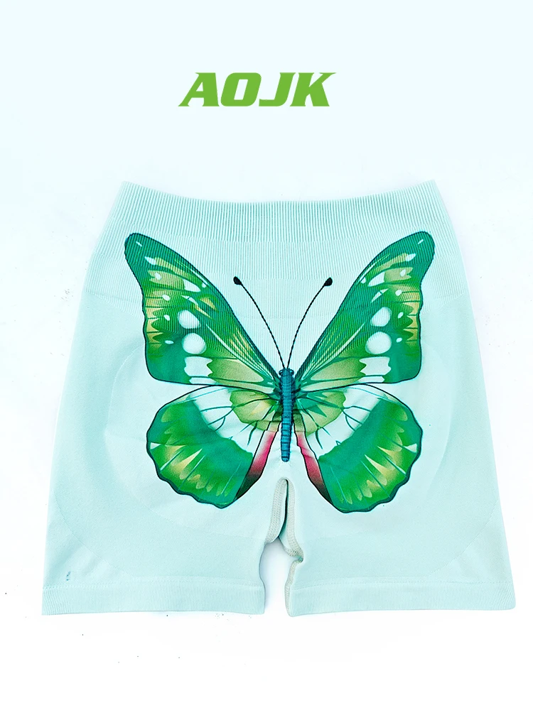 Summer Butterfly Print Women's Sports Shorts High Waist Fitness Knitted Bottoms Short Pants