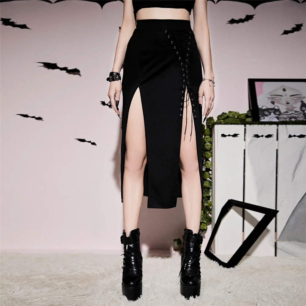 Black Hight Waist Punk Rock Damen Skirt Gothic StyleSplit Half Length Skirt Harajuku Retro Kawaii Y2k Vintage Goth Korean Style