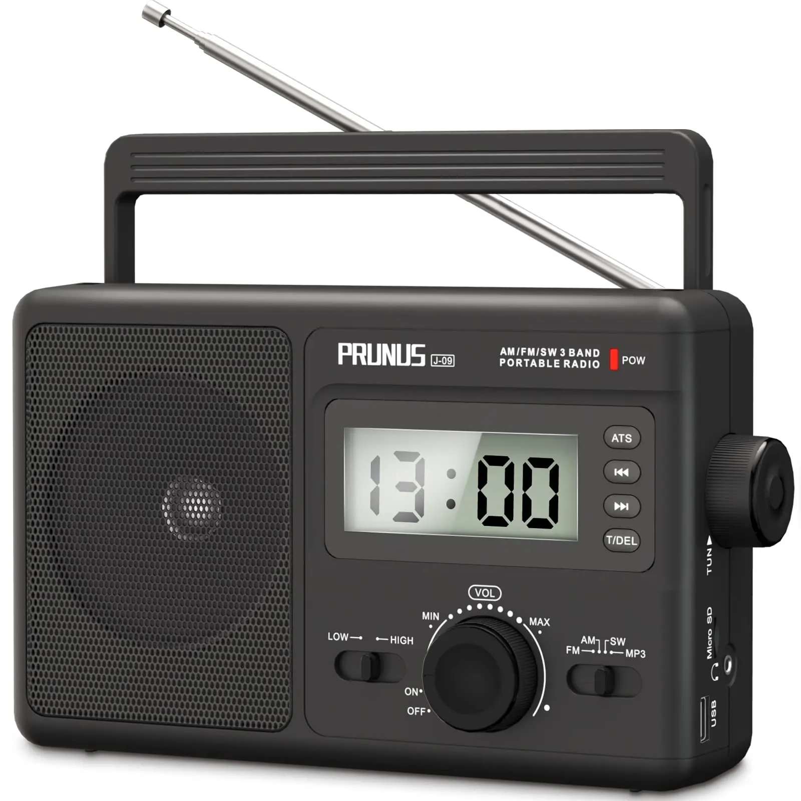 

PRUNUS J-09 AM FM Portable SW Radio Support Micro SD and USB Loud Volume Big Speaker AC Powered Auto Station Preset, TF Card/USB