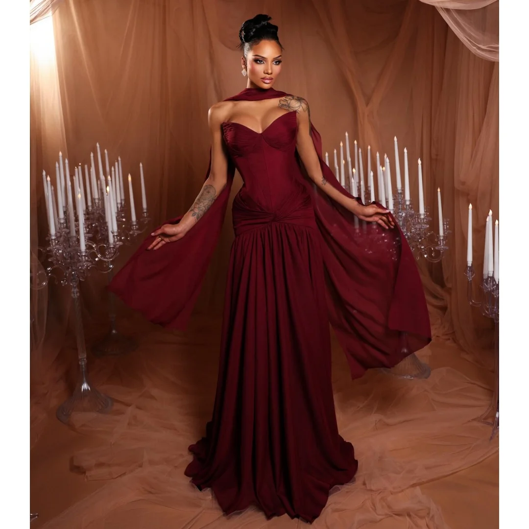 

Flowy Burgundy Evening Dresses with Scarf Pleat Prom Dress Floor Length Sweetheart Luxury Party Gown Gala Vestidos Customized