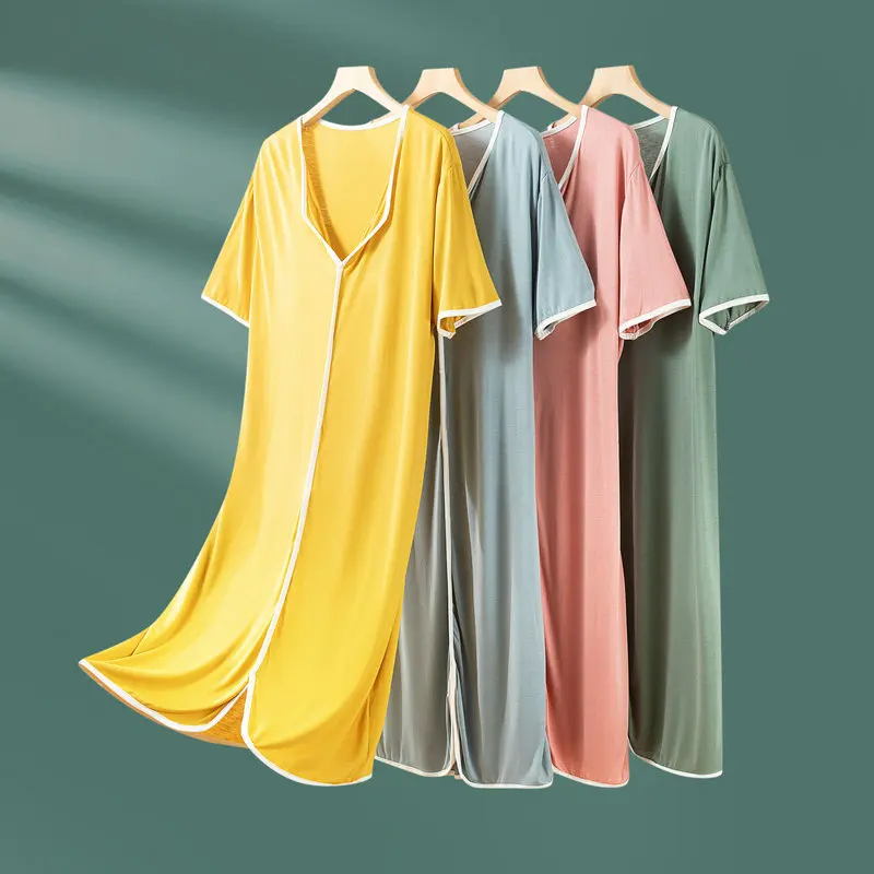 Summer New Padded Nightdress, Long Loose Fit Sleep Dress with Lapel Collar, Simple Lightweight Homewear
