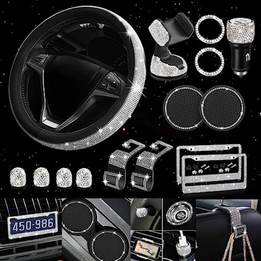 

Diamond Bling Steering Wheel Cover for Women Universal Fit 15 Inch 2 Glitter Rhinestone License Plate Frames Crystal Car Seat H