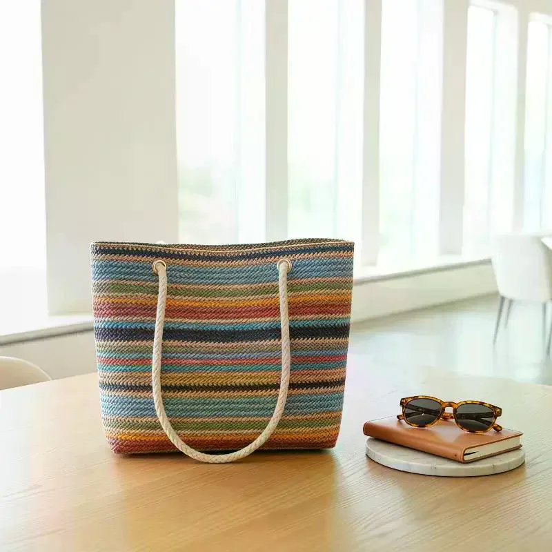 Straw Woven Tote Bag Handwoven Rainbow Stripes Wear-Resistant Cotton Handles for Beach Travel Daily Commute Picnic